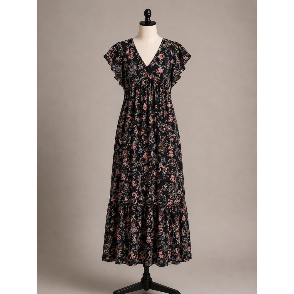 Universal Thread Floral Smocked Tiered Maxi Dress Black Pink Blue Cottagecore XS